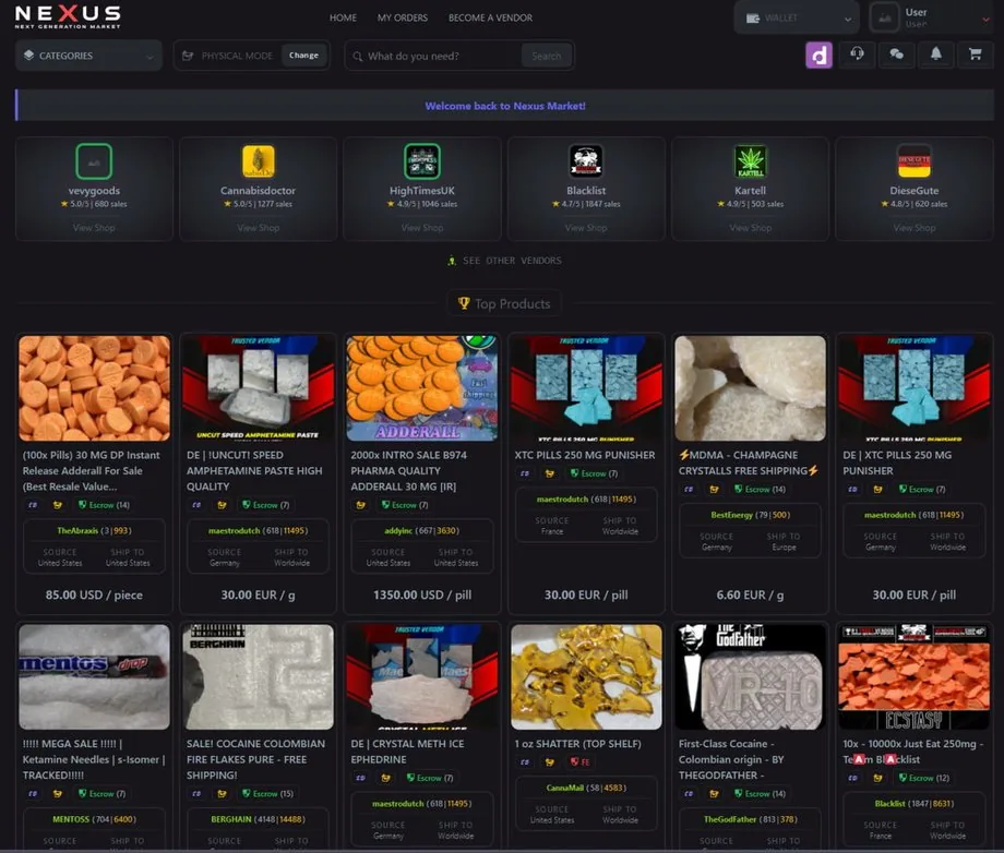 Nexus Market platform interface as seen through Tor Browser